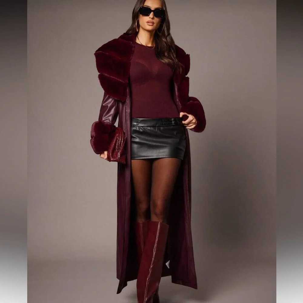 BELT ONLY 🔥 Faux fur collar cuffs vegan leather trench coat burgundy maroon - Picture 7 of 9